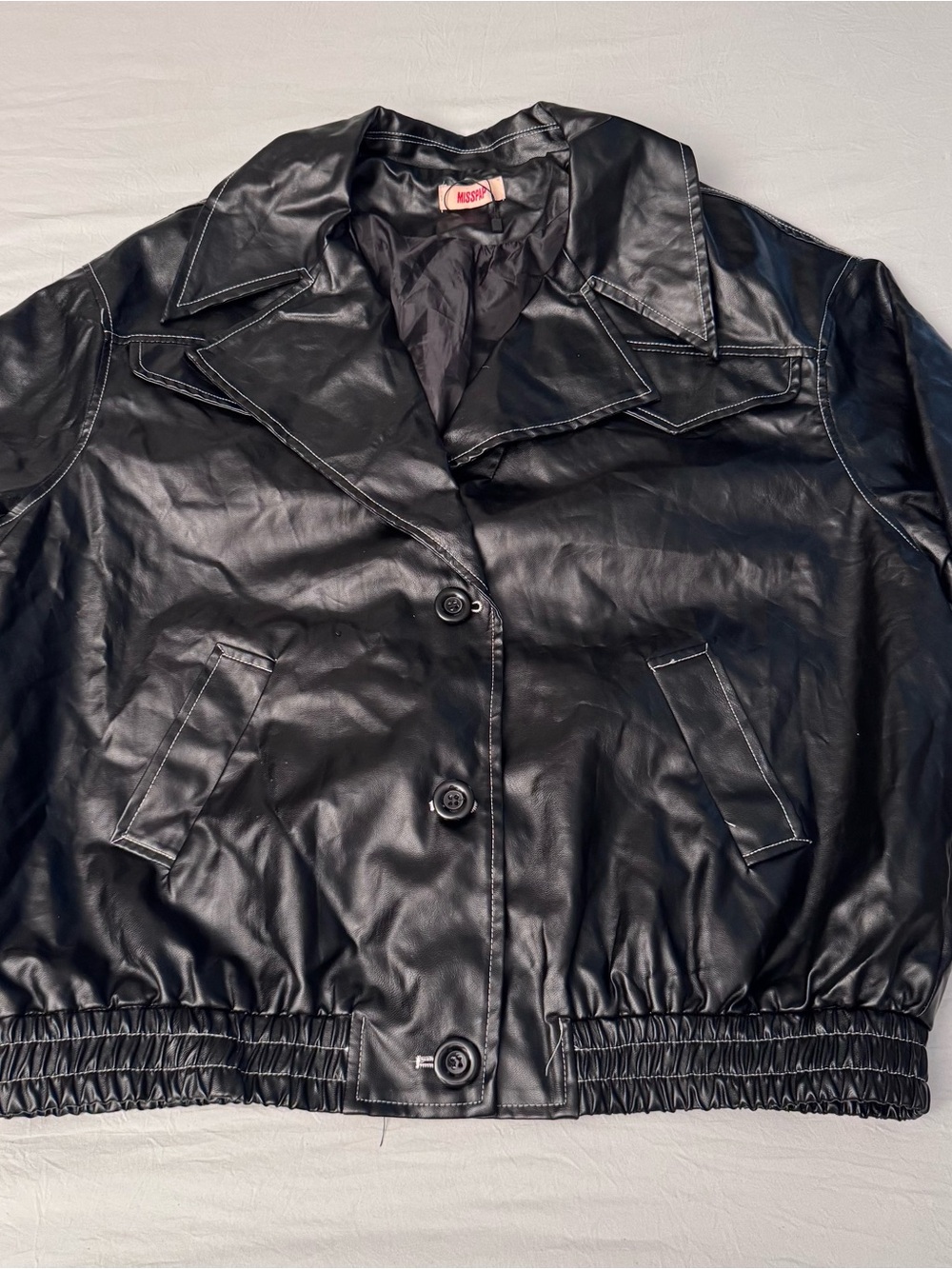 MISSPAP Black Faux Leather Women Biker Jacket Size 16 Snaps Zippers Oversized